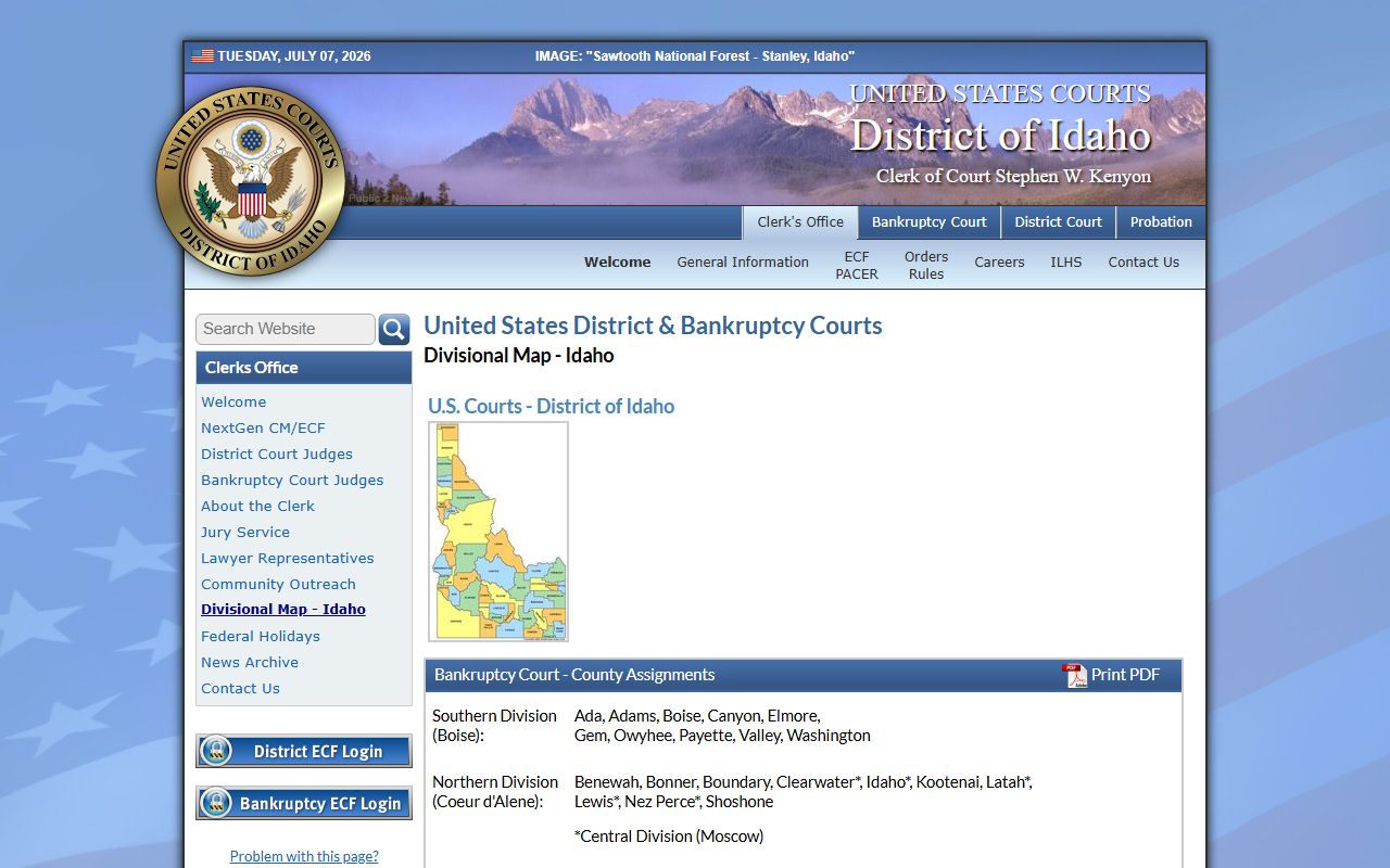 Elmore County Clerk of the District Court District of Idaho divisional map