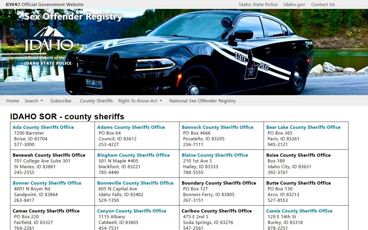 Idaho sex offender registry county contacts