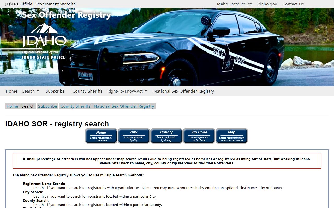Idaho State Police sex offender registry search