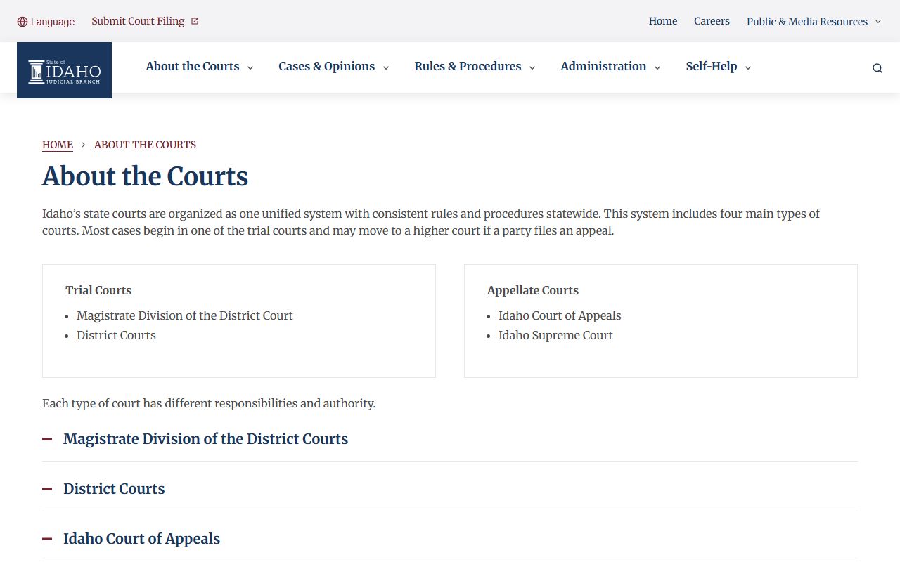 Elmore County court records Idaho court structure overview