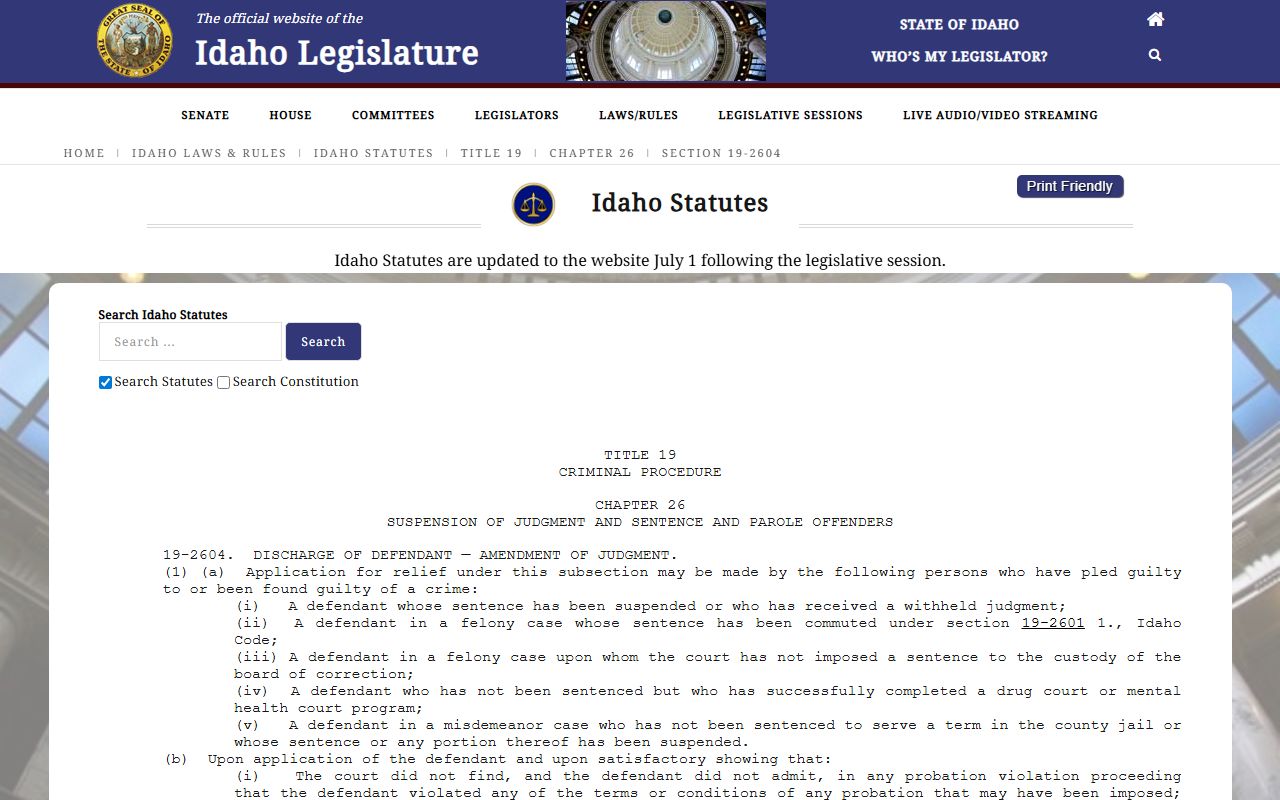 Idaho Code 19-2604 criminal record relief statute