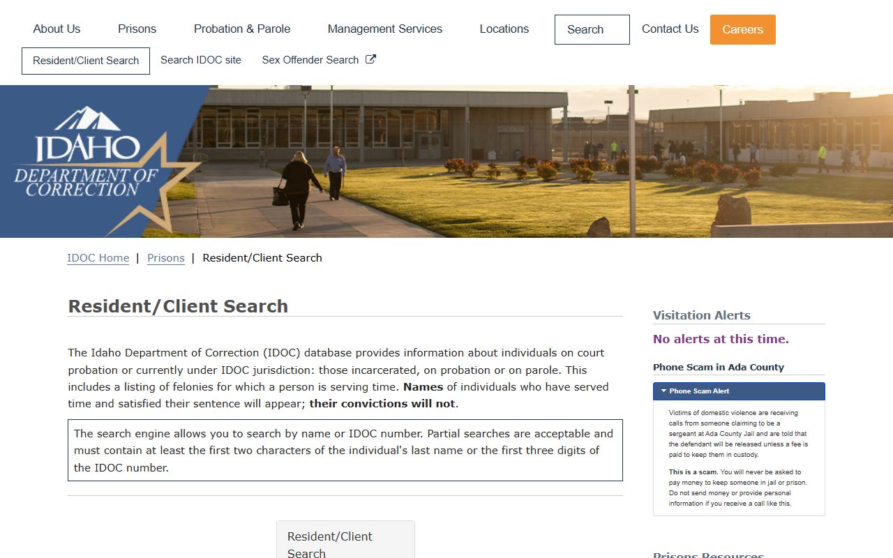 Idaho Department of Correction resident client search
