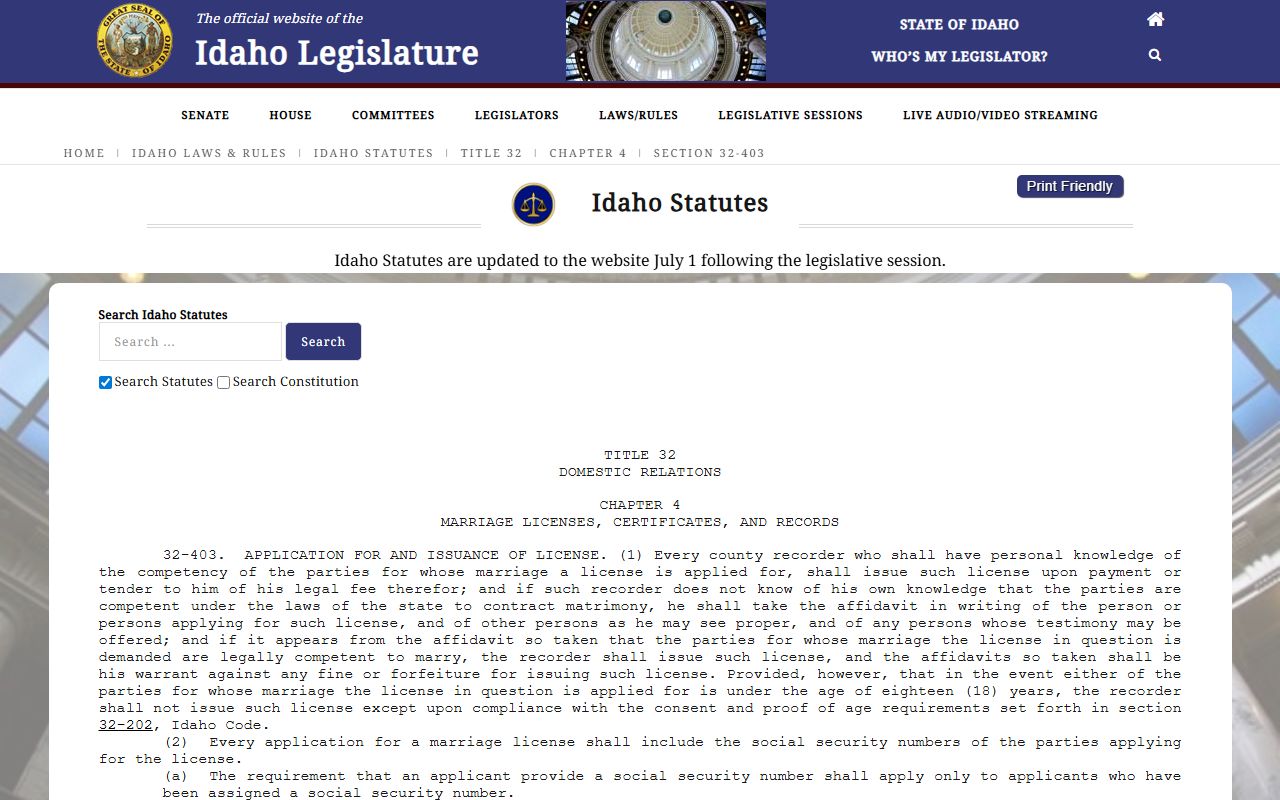 Elmore County marriage records Idaho marriage license Social Security number statute