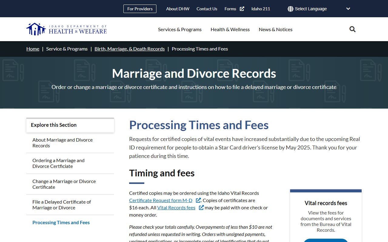 Elmore County marriage and divorce records Idaho vital records fees and timing