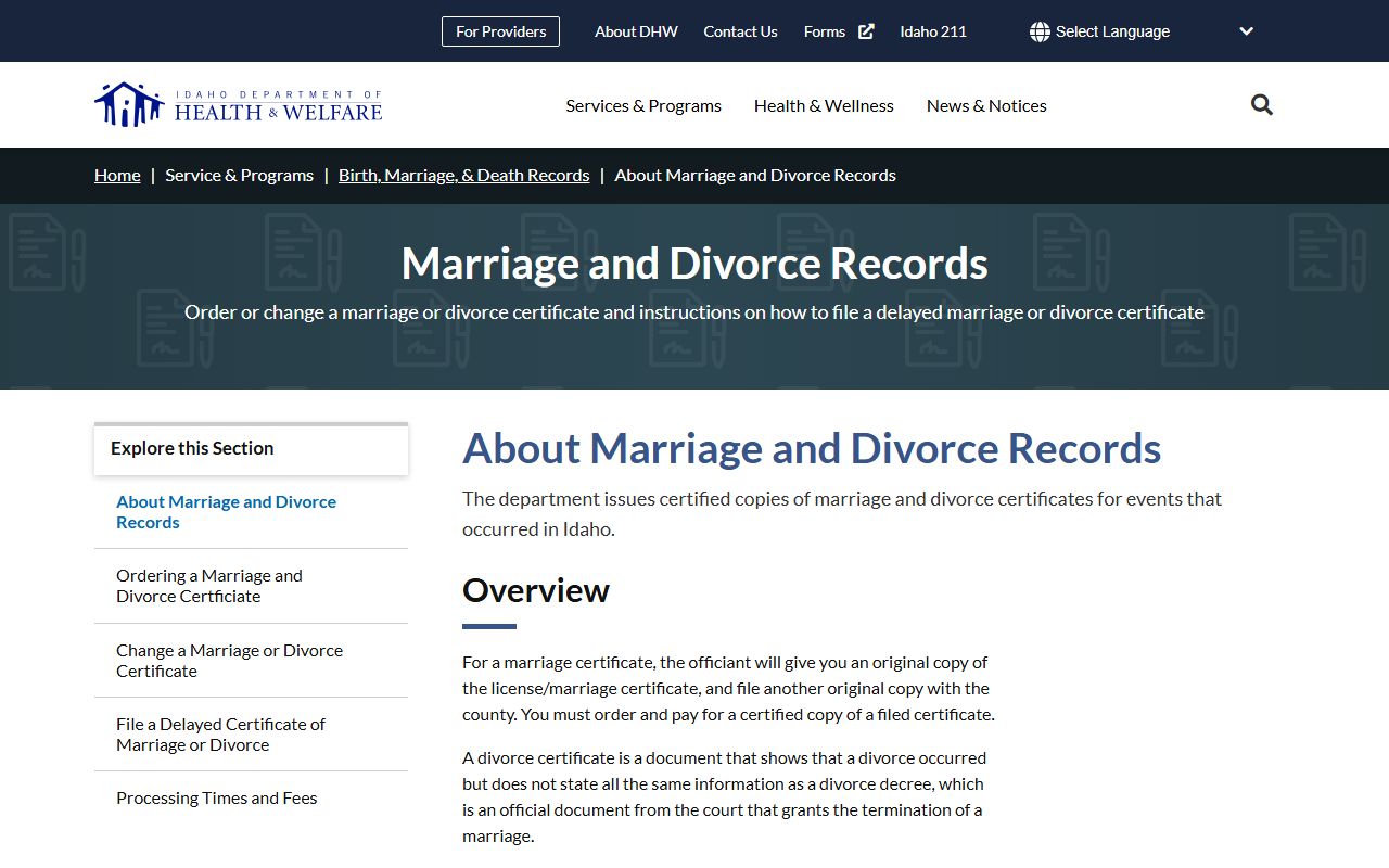 Elmore County marriage and divorce records Idaho DHW certificate information