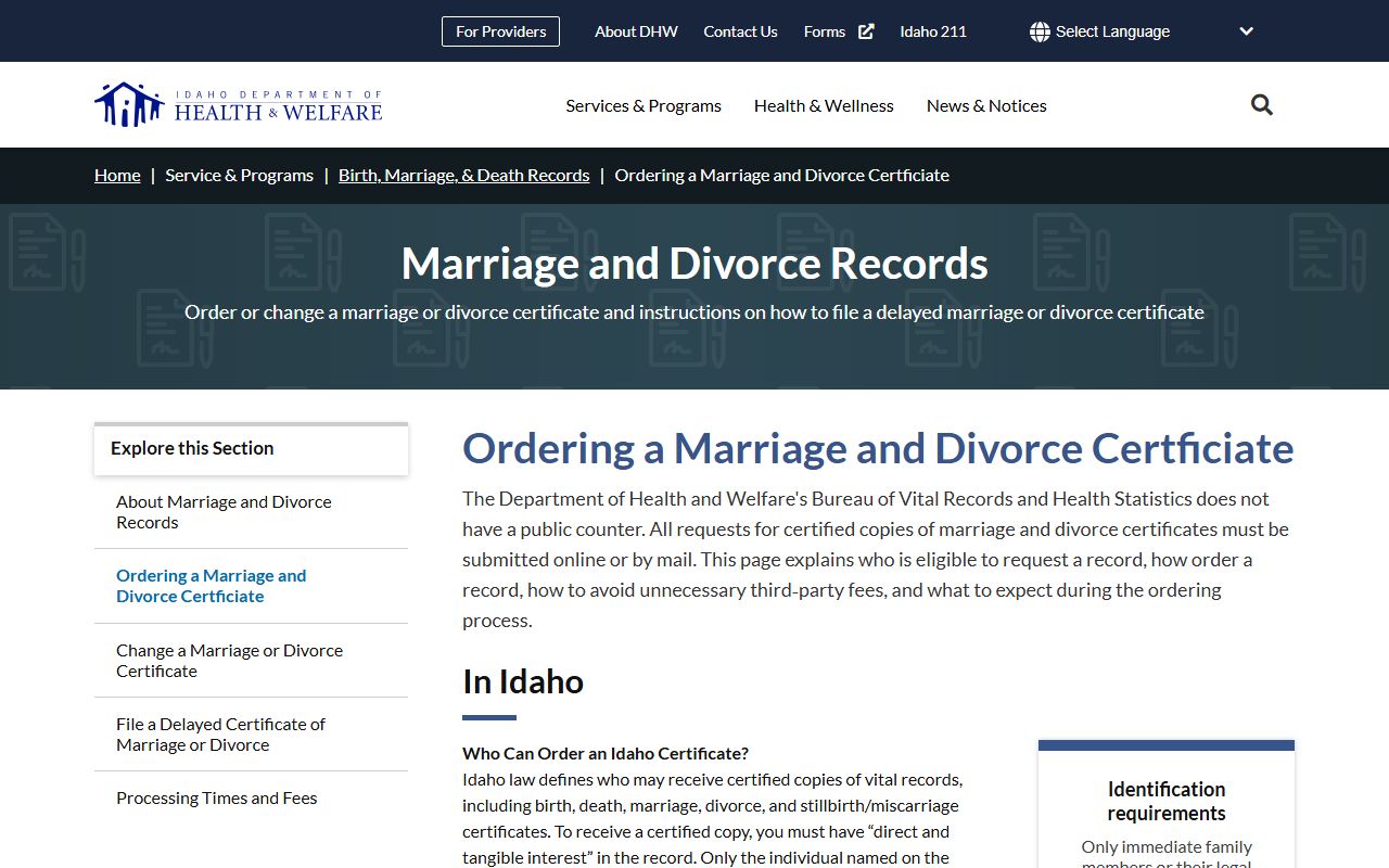 Elmore County marriage and divorce records ordering Idaho certificates