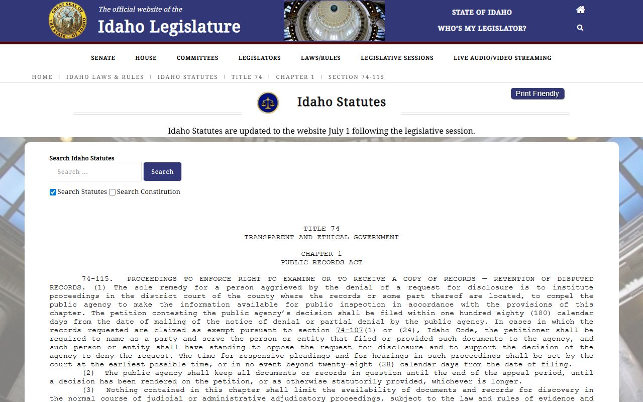 Idaho Code 74-115 public record denial review